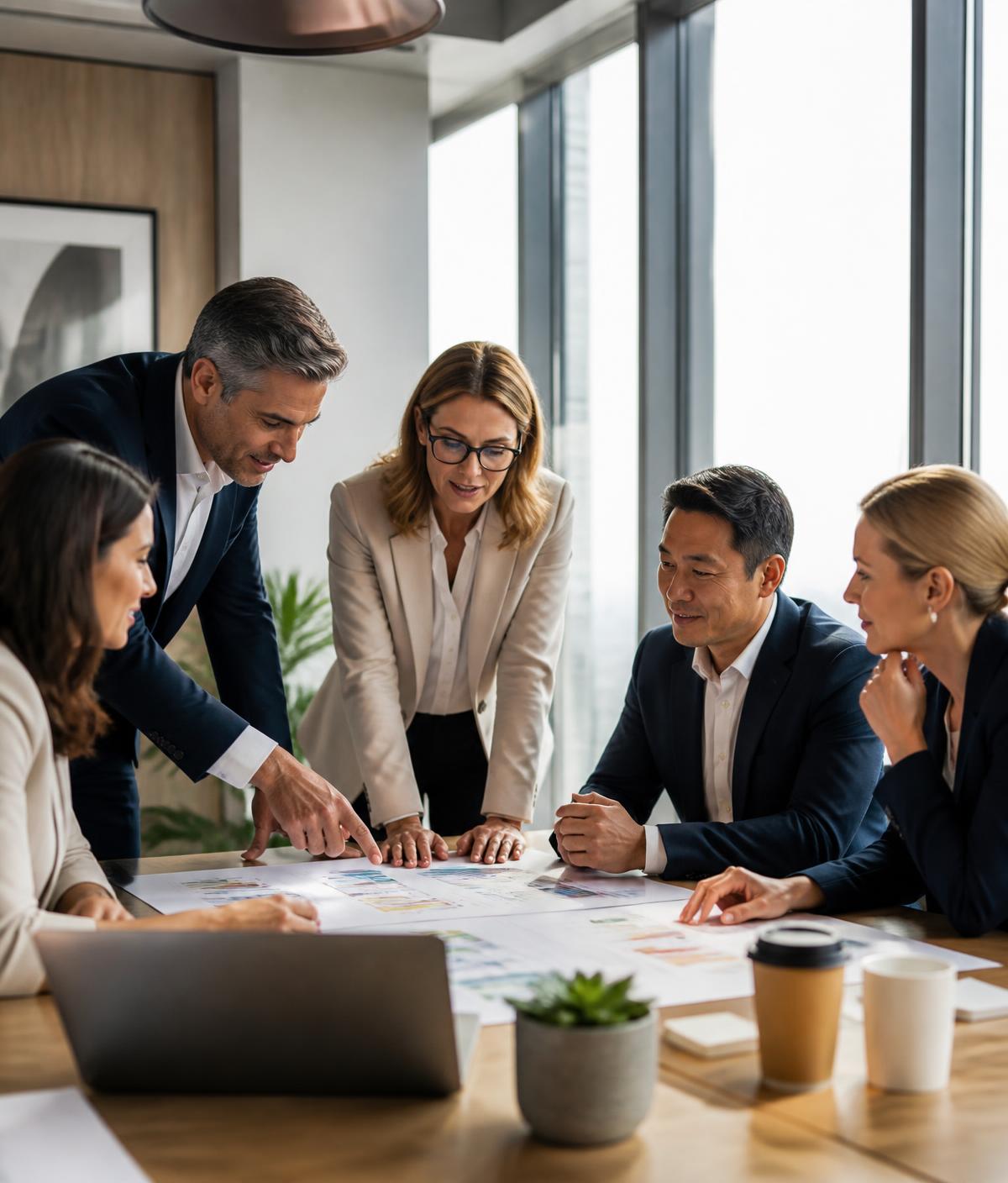 Consultores e lideranças revisando um plano de ação priorizado